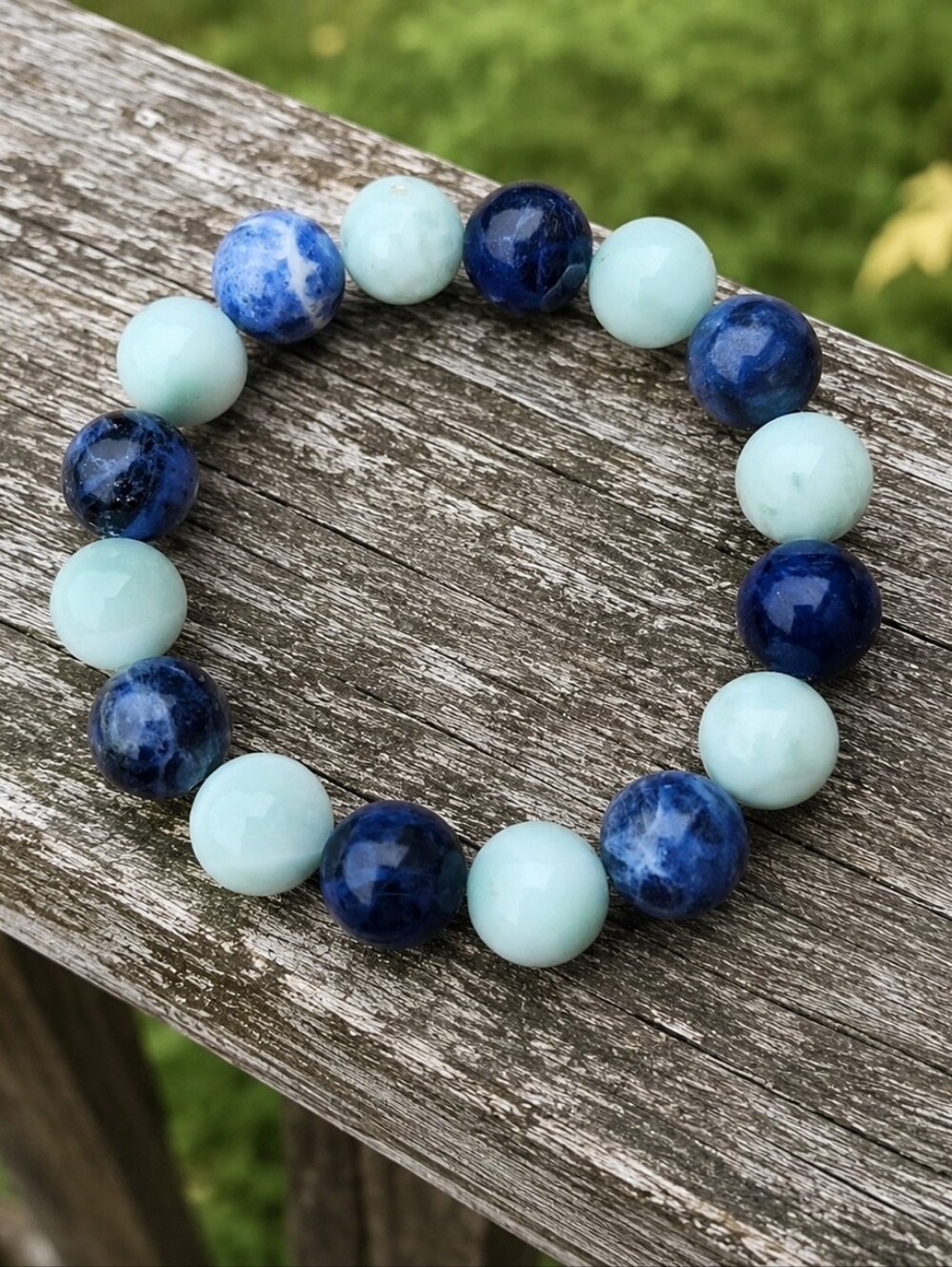 Sodalite & Green Moonstone Beaded Stretch Bracelet | Handmade | Blue